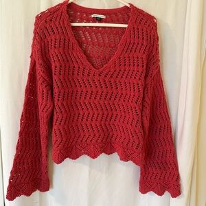 American Eagle Red V-Neck Open Knit Sweater